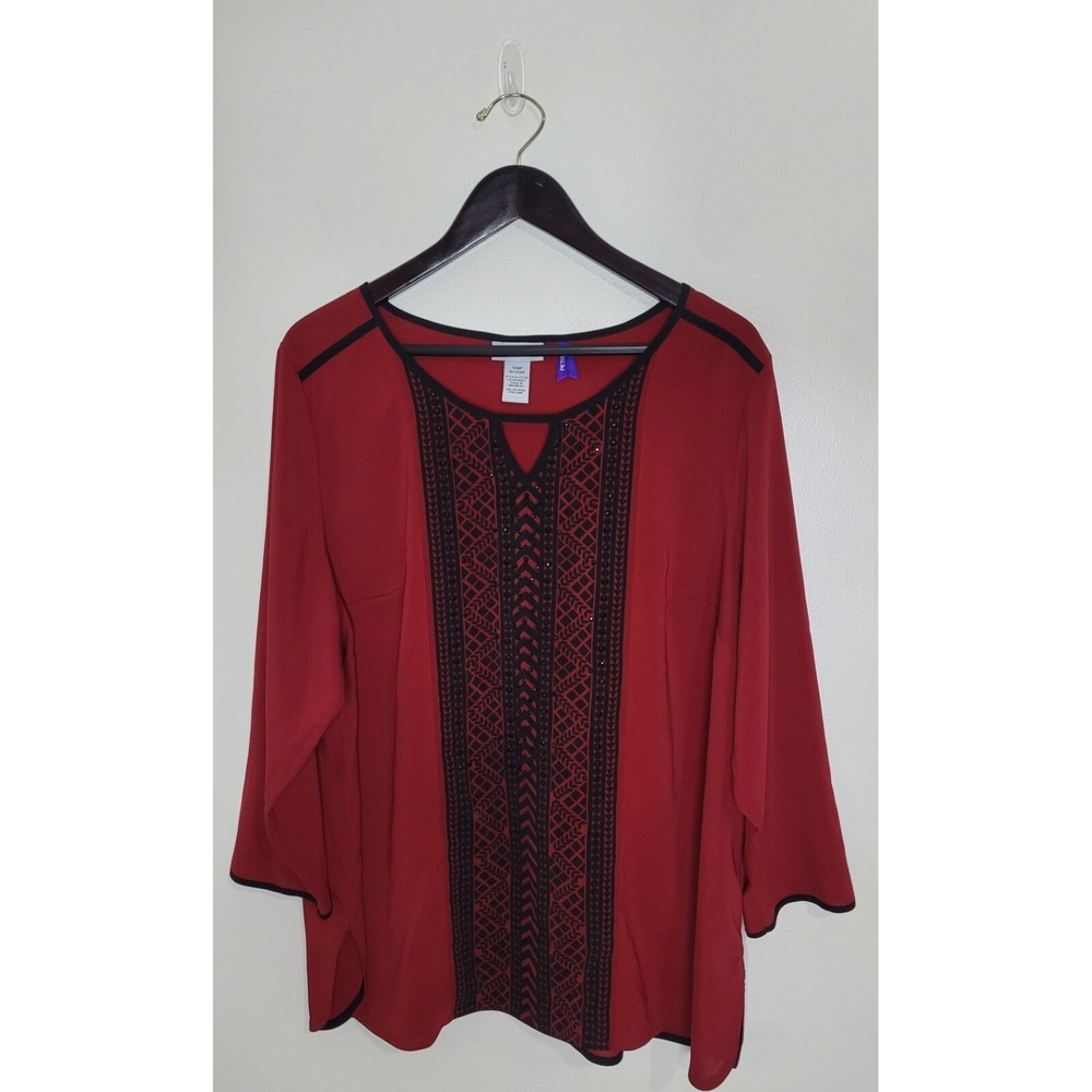 Catherines Red/Black Blouse Top Beaded Sequin Cocktail Party Wedding Guest 1XWP